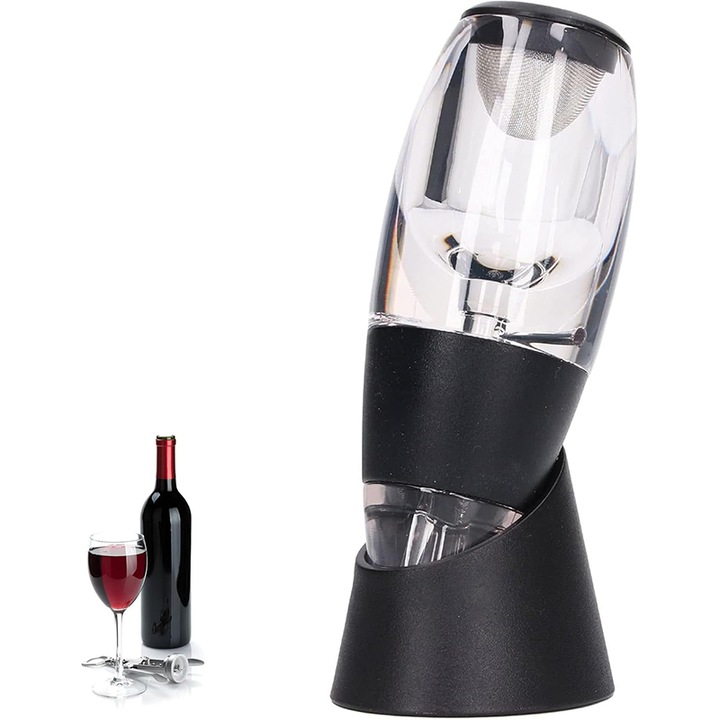 Intelligens borkiöntő, Omelivon, vörösborhoz, szűrővel és talppal, átlátszó/fekete