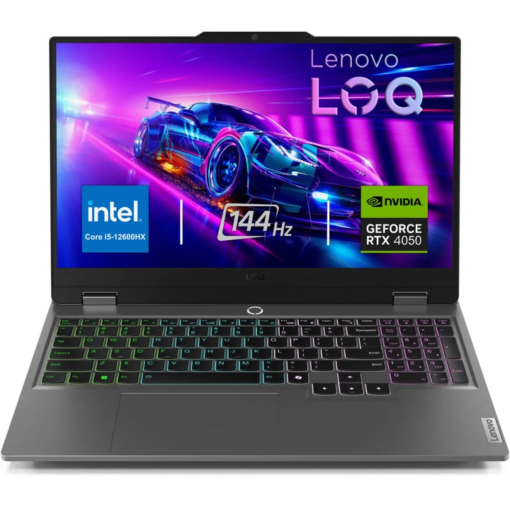 Lenovo LOQ 15IA Gamer Laptop, Intel Core i5 12600HX, 16GB DDR5 Memória, 512GB SSD, 15.6" FullHD, 144Hz Kijelző, Nvidia RTX 4050, Magyar billentyűzet, Szürke, Vírusírtó, Böngésző, Windows 11 Pro