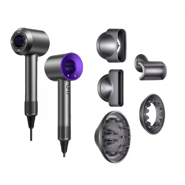 Професионален сешоар LAYENNE, 110 000 об/мин, 4 температурни настройки, 3 настройки на скоростта, тиха работа, технология с 2 милиарда йони, изсушаване за 30 секунди, включва 5 дюзи, 1600 W, виолетов
