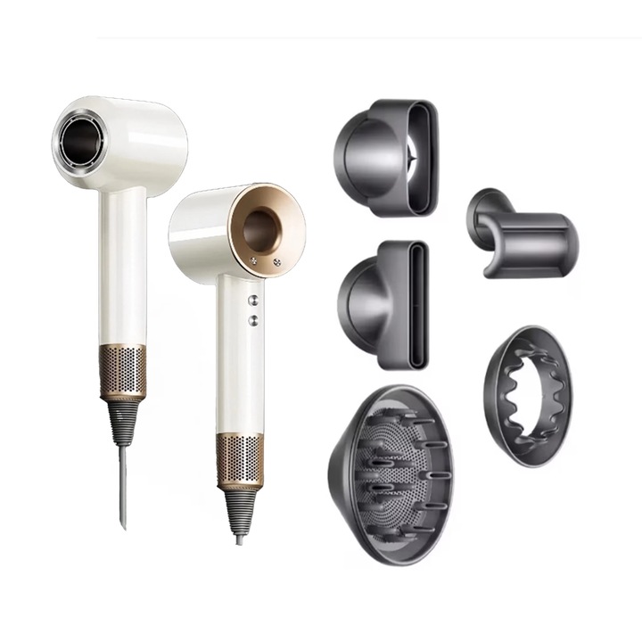 Професионален сешоар LAYENNE, 110 000 RPM, 4 настройки на температурата, 3 настройки на скоростта, тиха работа, технология с 2 милиарда йони, изсушаване за 30 секунди, включва 5 накрайника, 1600 W, златна керамика