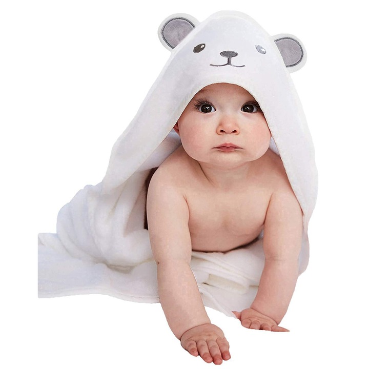 Prosop de baie cu gluga pentru bebelusi, prosop cu gluga pentru bebelusi, halat de baie pentru nou-nascuti, set de prosoape cu gluga pentru nou-nascuti, prosop moale si foarte absorbant, potrivit pentru copii cu varsta cuprinsa intre 0 si 3 ani (alb)