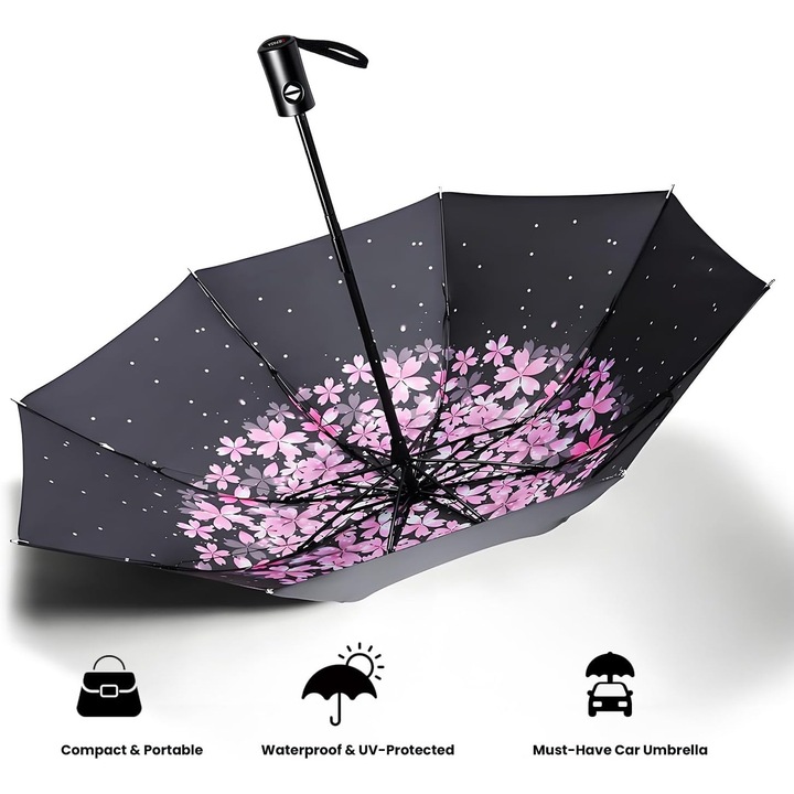 Автоматичен сгъваем чадър, компактен, ветроустойчив, 11,8 инча сгънат, черен/розов