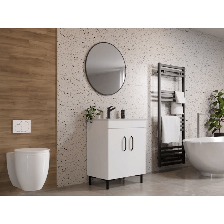 Set Masca Baie, Chiuveta 650, Oglinda Rotunda, Alb cu Baterie Neagra