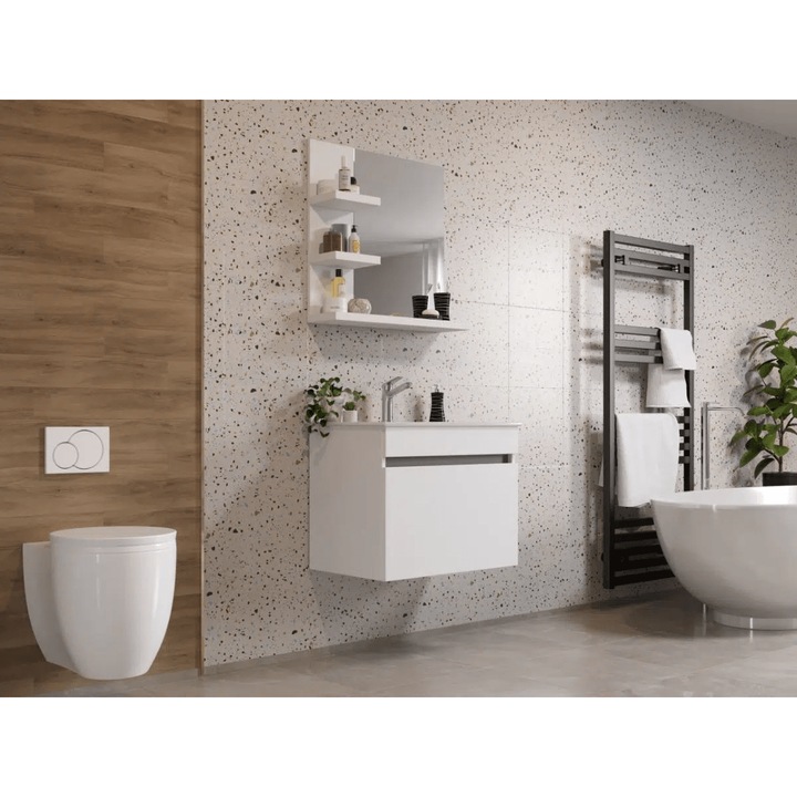 Set Masca Baie Suspendata, Chiuveta 650, Oglinda 650, Albio cu Baterie Crom