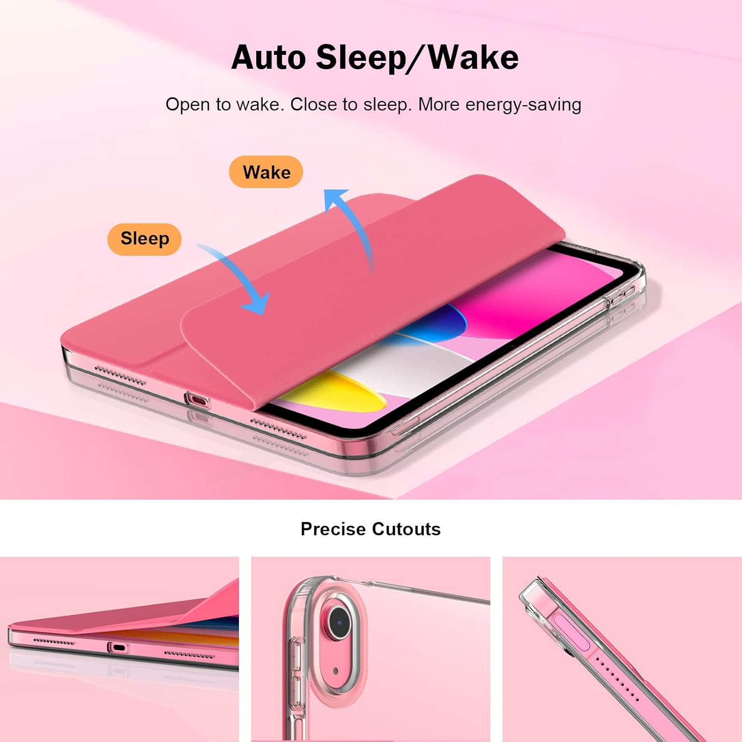 Husa tableta, compatibil cu iPad 11th/10th Generation, design subtire, cu functie auto sleep/wake, roz