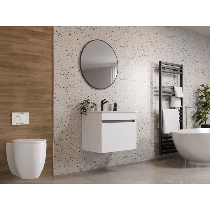 Set Masca Baie Suspendata Laguna, Chiuveta 650, Oglinda Rotunda, Albio, Alb, Baterie Neagra, 65x43x50.6cm, 60x60x3.5cm