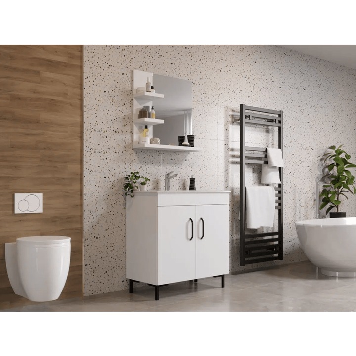 Set Masca Baie, Chiuveta 800, Oglinda 650, Albio cu Baterie Crom