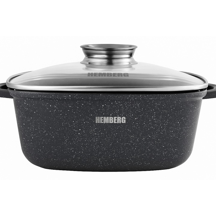 Тенджери Незалепващо С Покритие Hemberg 24см, Квадратна Касерола 4.5L С Мраморно Покритие И Стъклен Капак, Подходяща За Всички Печки