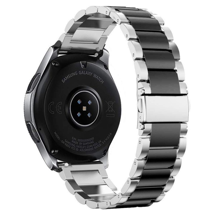 Curea metalica 20 mm, din otel inoxidabil, compatibila cu Samsung Galaxy Watch 4/5/6, Huawei Watch GT/GT2 42 mm, Amazfit GTR 42 mm, bratara reglabila pentru smartwatch, Argintiu/Negru