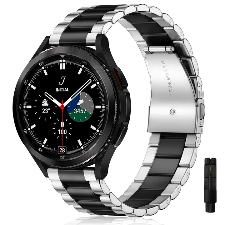 Метална каишка 22 мм – съвместима със Samsung Galaxy Watch 46/45 мм, Gear S3, Huawei Watch GT2/GT3 и часовници с 22 мм захващане, сребристо/черно