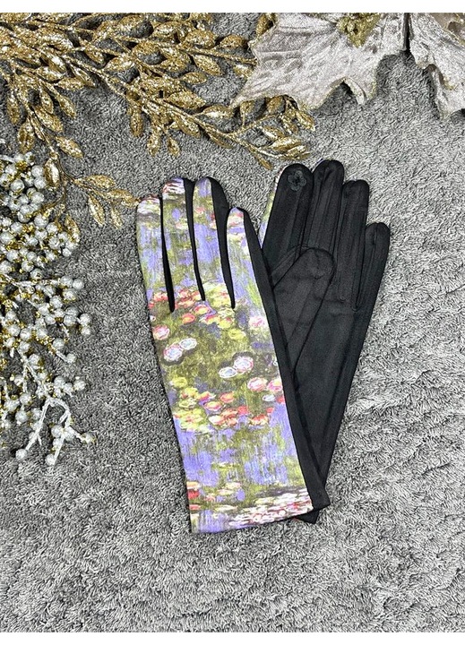 Дамски ръкавици, кадифе, луксозни, тъчскрийн, един размер, рисунка, лилаво/зелено/черно