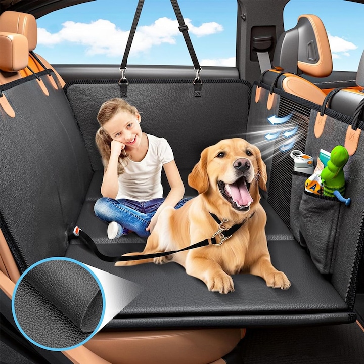 Husa scaune auto protectie si transport animale, Viboren, Universala, pentru caini si pisici, 132x160 cm, Impermeabila, Antiderapanta, Rezistenta 100-180 kg, Piele PU, cu plasa ventilatie si fermoar, Negru