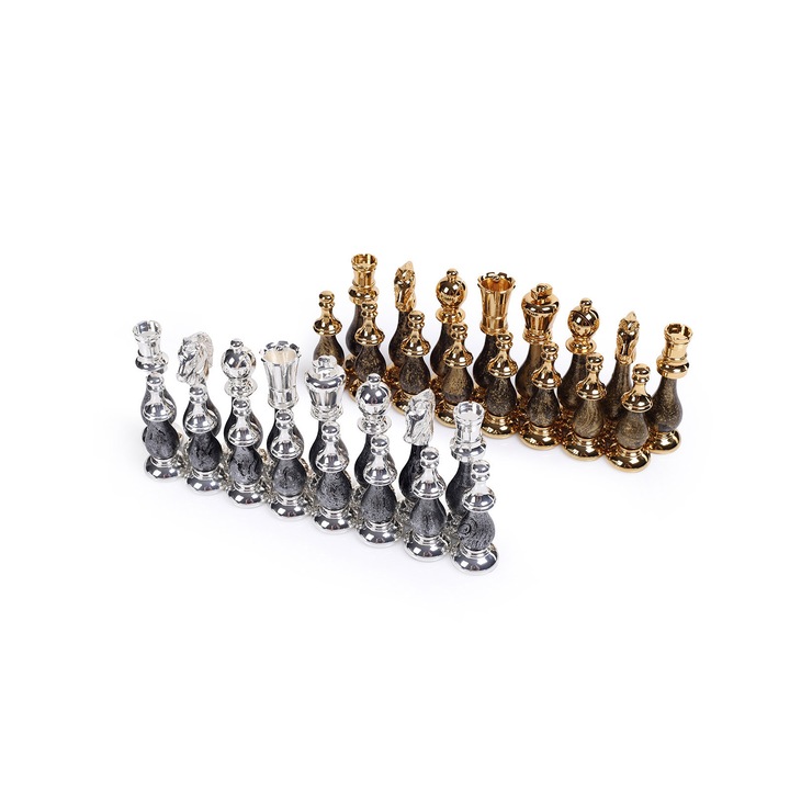 Piese de sah Italfama, din alama si lemn de fag, aur de 24K si argint de 925, 10cm