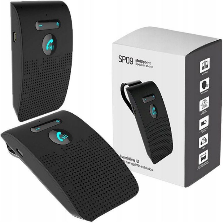Difuzor Bluetooth hands-free AjieQaQ SP09 pentru masina, conectivitate multipunct, design minimalist, negru