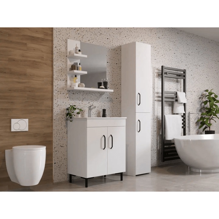 Set Complet Baie Albio, C03, Masca baie, Chiuveta, Baterie, Dulap Inalt 32cm si Oglinda