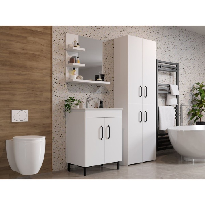 Set Complet Baie Albio, C04, Masca baie, Chiuveta, Baterie, Dulap Inalt 64cm si Oglinda