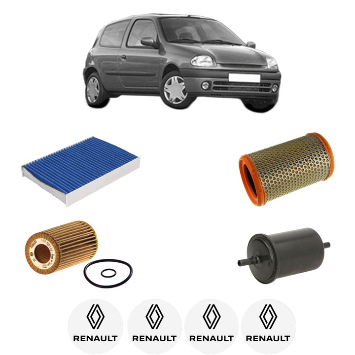 Pachet revizie filtre RENAULT CLIO II (BB_, CB_) 1.2 (BB0A, BB0F, BB10, BB1K, BB28, BB2D, BB2H, CB0A,... din 1998-2010 CP 58 KW 43 KW CMC 1149 cm³, Contine filtru aer, ulei, combustibil, polen habitaclu carbon BOSCH, 4x Stickere cu RENAULT