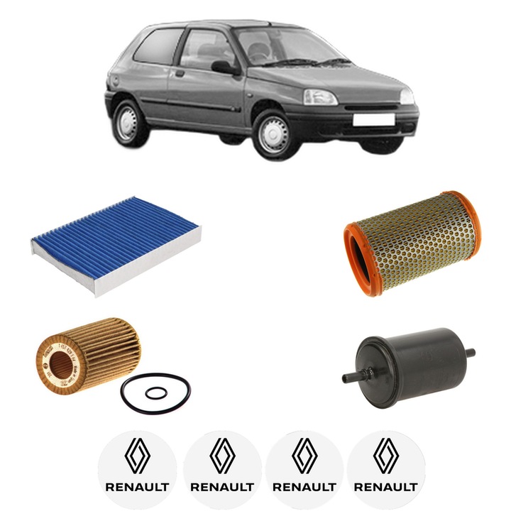 Pachet revizie filtre RENAULT CLIO II Hatchback Van (SB0/1/2_) 1.2 (SB0A, SB0F, SB1K, SB2D) din 1998 CP 58 KW 43 KW CMC 1149 cm³, Contine filtru aer, ulei, combustibil, polen habitaclu carbon BOSCH, 4x Stickere cu RENAULT