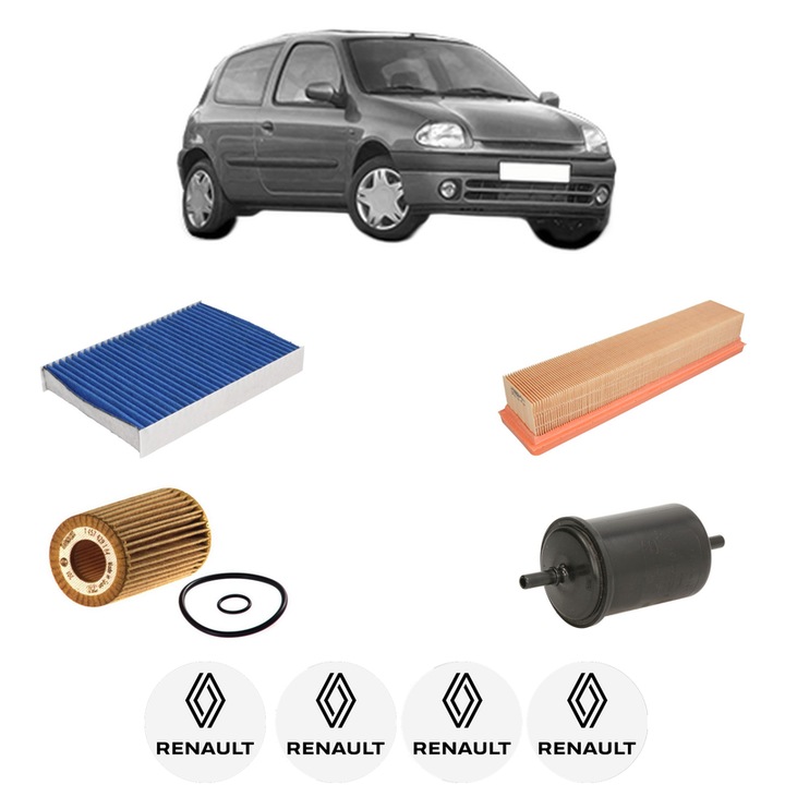 Pachet revizie filtre RENAULT CLIO II (BB_, CB_) 1.2 16V (BB05, BB0W, BB11, BB27, BB2T, BB2U, BB2V, CB05,... din 2001-2016 CP 75 KW 55 KW CMC 1149 cm³, Contine filtru aer, ulei, combustibil, polen habitaclu carbon BOSCH, 4x Stickere cu RENAULT