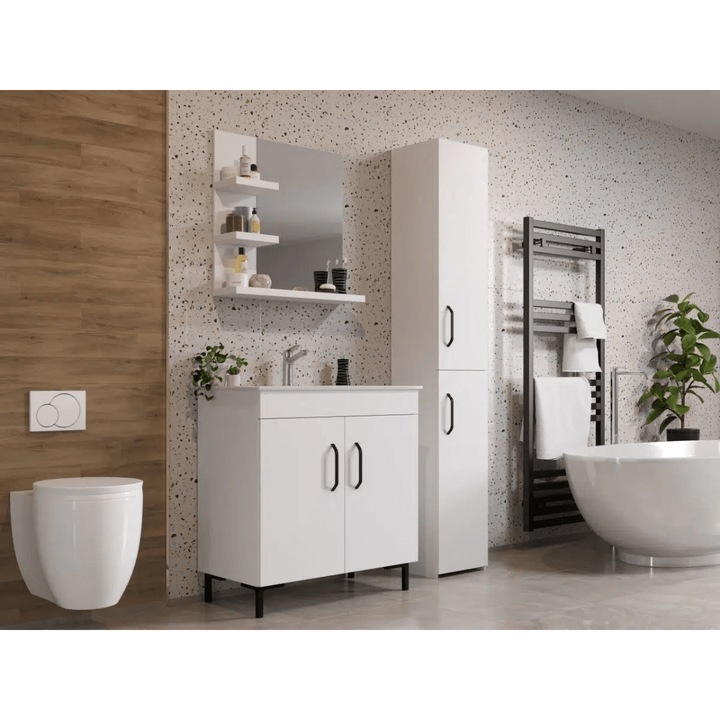 Set Complet Baie Albio, C07, Masca baie, Chiuveta, Baterie, Dulap Inalt 32cm si Oglinda