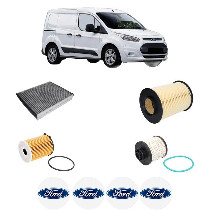 Pachet revizie filtre FORD TRANSIT CONNECT MPV 1.5 TDCi din 2015 CP 101 KW 74 KW CMC 1499 cm³, Contine filtru aer, ulei, combustibil, polen habitaclu carbon BOSCH, 4x Stickere cu FORD