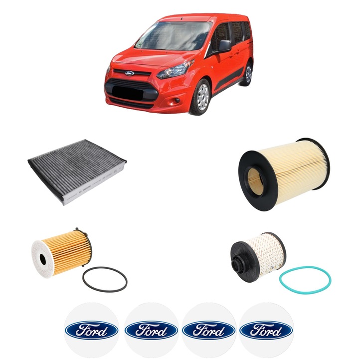 Pachet revizie filtre FORD TOURNEO CONNECT / GRAND TOURNEO CONNECT V408 MPV 1.5 TDCi din 2015-2022 CP 101 KW 74 KW CMC 1499 cm³, Contine filtru aer, ulei, combustibil, polen habitaclu carbon BOSCH, 4x Stickere cu FORD