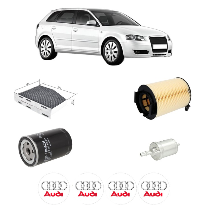 Pachet revizie filtre AUDI A3 Sportback (8PA) 1.6 E-Power din 2011-2013 CP 102 KW 75 KW CMC 1595 cm³, Contine filtru aer, ulei, combustibil, polen habitaclu carbon BOSCH, 4x Stickere cu AUDI