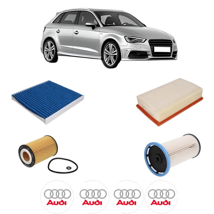 Pachet revizie filtre AUDI A3 Sportback (8VA, 8VF) 1.6 TDI din 2012-2016 CP 105 KW 77 KW CMC 1598 cm³, Contine filtru aer, ulei, combustibil, polen habitaclu carbon BOSCH, 4x Stickere cu AUDI