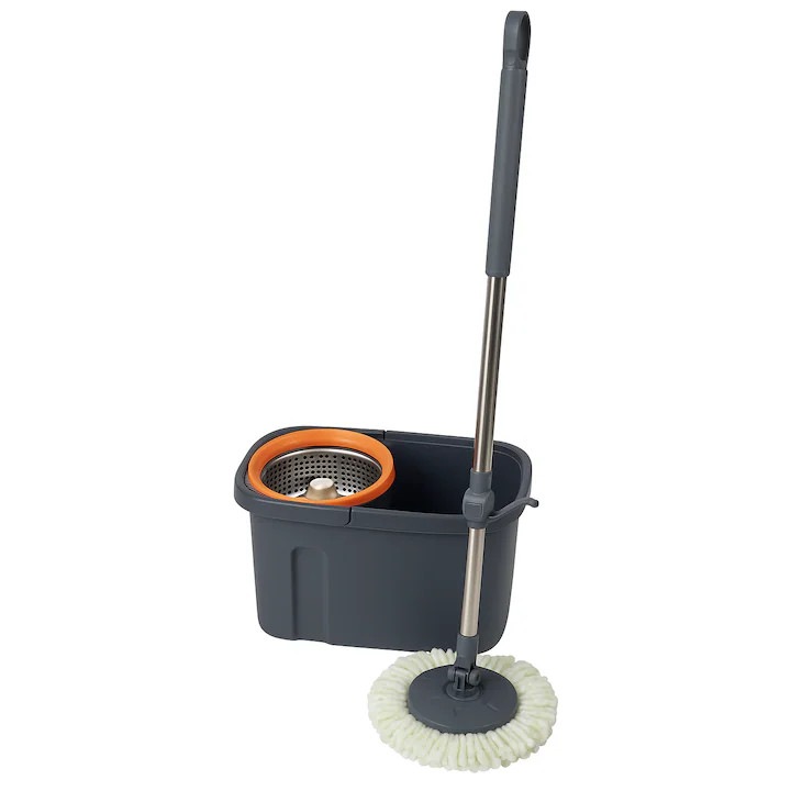 Set Mop Rotativ Profesional DMX, Galeata Dubla Inox, Stoarcere 360 Grade, Microfibra, Gri Inchis