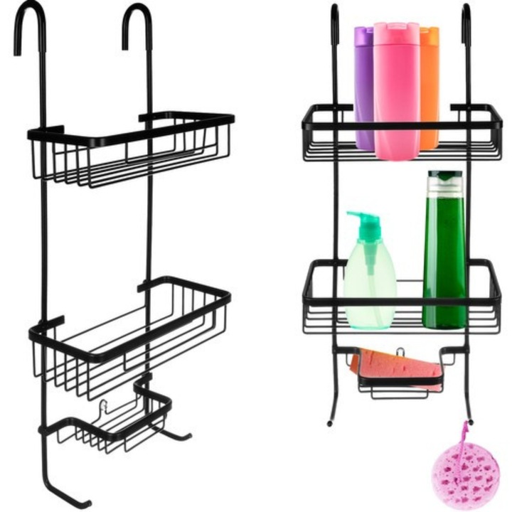 VarioShop® alumínium függő zuhanypolc, 3 szintes, fekete, tapadókorongos stabilizálás, fúrás nélküli, rozsdamentes, modern design