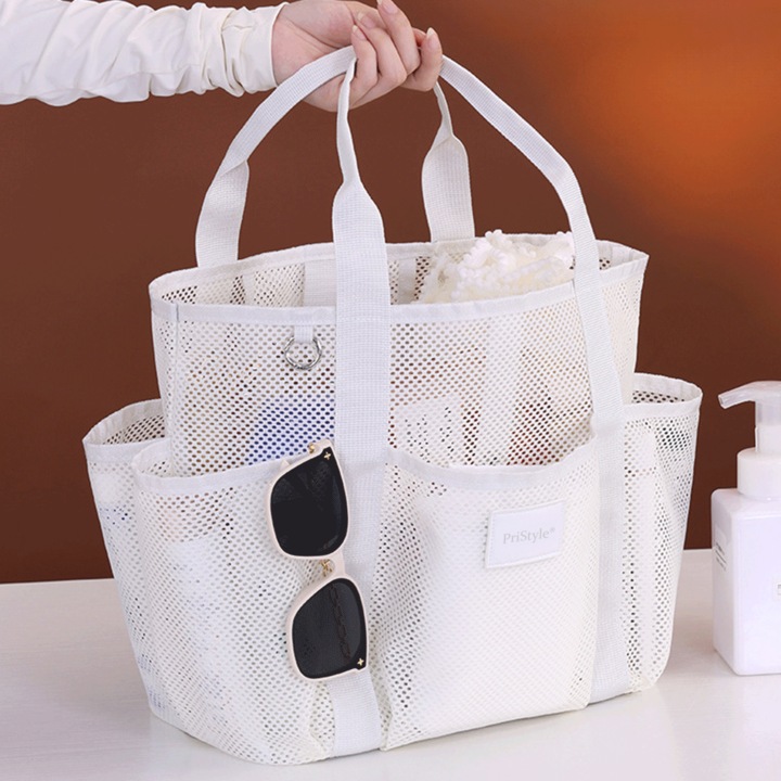 Плажна Чанта, Мултифункционална от Мрежест Материал, Лека и Издръжлива, Множество Отделения, Идеална за Баня, Басейн, Пътувания и Ваканция, Бяла, PriStyle®