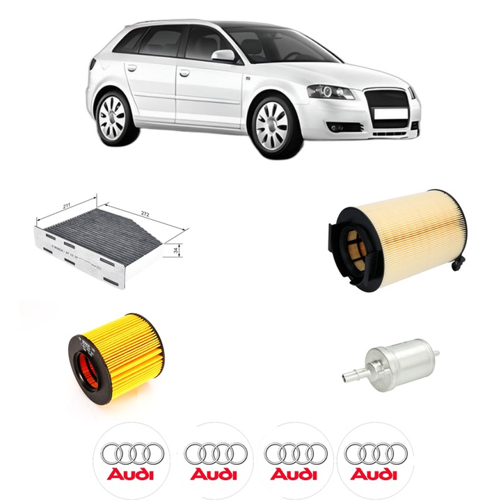Pachet revizie filtre AUDI A3 Sportback (8PA) 1.4 TFSI din 2007-2013 CP 125 KW 92 KW CMC 1390 cm³, Contine filtru aer, ulei, combustibil, polen habitaclu carbon BOSCH, 4x Stickere cu AUDI