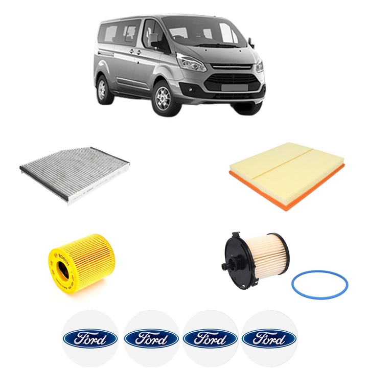 Pachet revizie filtre FORD TOURNEO CUSTOM V362 Bus (F3) 2.2 TDCi din 2012-2015 CP 125 KW 92 KW CMC 2198 cm³, Contine filtru aer, ulei, combustibil, polen habitaclu carbon BOSCH, 4x Stickere cu FORD
