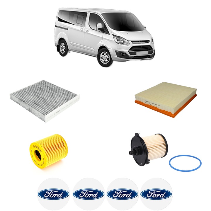 Pachet revizie filtre FORD TRANSIT TOURNEO Bus 2.2 TDCi din 2007-2014 CP 140 KW 103 KW CMC 2198 cm³, Contine filtru aer, ulei, combustibil, polen habitaclu carbon BOSCH, 4x Stickere cu FORD