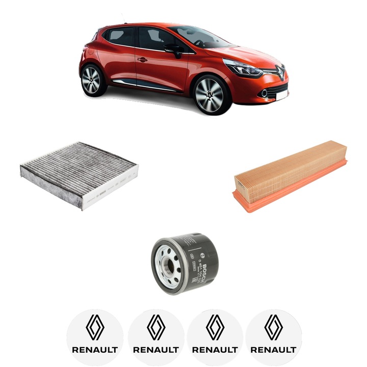 Pachet revizie filtre RENAULT CLIO IV Grandtour (KH_) 1.2 16V din 2013-2021 CP 73 KW 54 KW CMC 1149 cm³, Contine filtru aer, ulei, polen habitaclu carbon BOSCH, 4x Stickere cu RENAULT
