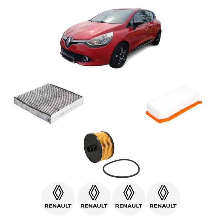 Pachet revizie filtre RENAULT CLIO IV (BH_) 1.2 TCe 120 (BHM0) din 2013-2021 CP 120 KW 88 KW CMC 1197 cm³, Contine filtru aer, ulei, polen habitaclu carbon BOSCH, 4x Stickere cu RENAULT