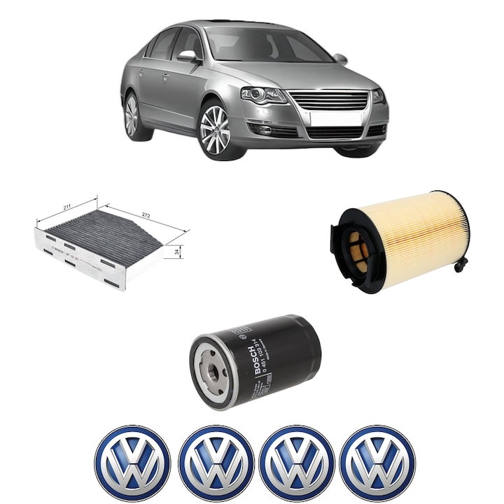 Pachet revizie filtre Volkswagen PASSAT B6 (3C2) 1.6 din 2005-2010 CP 102 KW 75 KW CMC 1595 cm³, Contine filtru aer, ulei, polen habitaclu carbon BOSCH, 4x Stickere cu Volkswagen