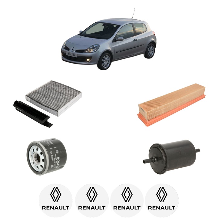 Pachet revizie filtre RENAULT CLIO III (BR0/1, CR0/1) 1.2 16V Hi-Flex (BR1U, CR1U) din 2008-2014 CP 75 KW 55 KW CMC 1149 cm³, Contine filtru aer, ulei, combustibil, polen habitaclu carbon BOSCH, 4x Stickere cu RENAULT
