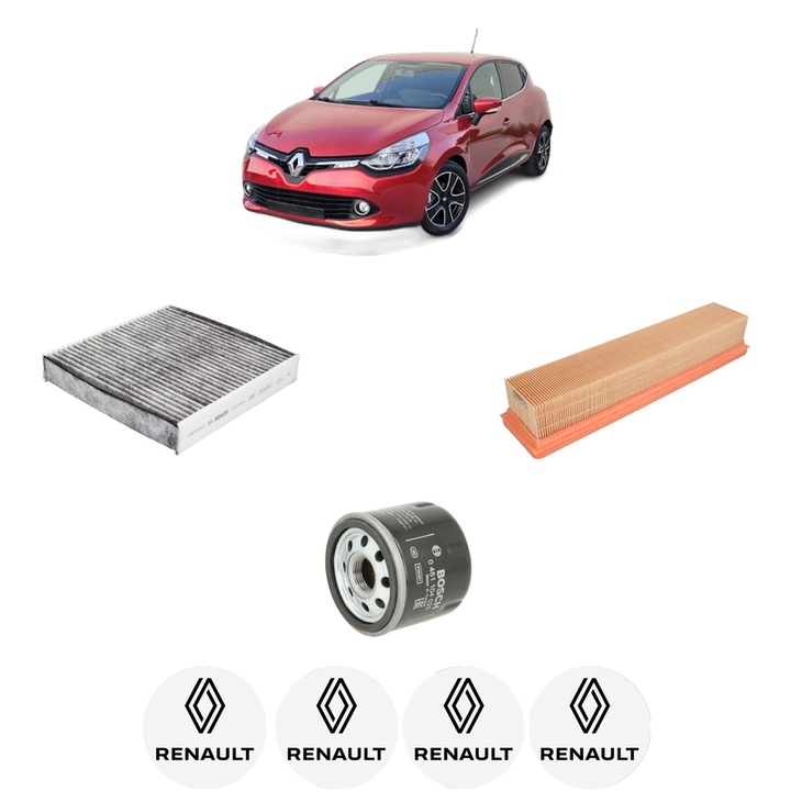 Pachet revizie filtre RENAULT CLIO IV Hatchback Van (BH_) 1.2 16V LPG (BHMG) din 2014-2021 CP 72 KW 53 KW CMC 1149 cm³, Contine filtru aer, ulei, polen habitaclu carbon BOSCH, 4x Stickere cu RENAULT
