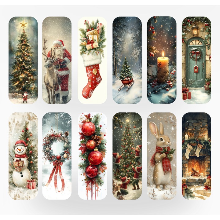 Set 12 Semne de Carte Craciun OBRO® – Christmas Classics, Ilustratii Vintage, Carton Foto Lucios Premium