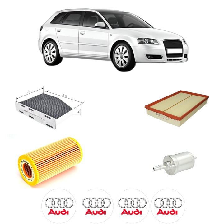 Pachet revizie filtre AUDI A3 Sportback (8PA) RS3 quattro din 2011-2012 CP 340 KW 250 KW CMC 2480 cm³, Contine filtru aer, ulei, combustibil, polen habitaclu carbon BOSCH, 4x Stickere cu AUDI