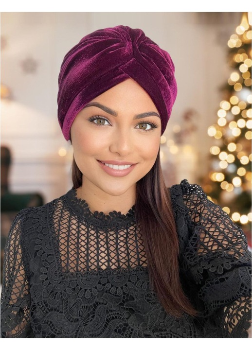 Turban dama, Confortino Monalisa, catifea de lux, captuseala calduroasa, Grena, marime universala, 26x20cm x 18cm