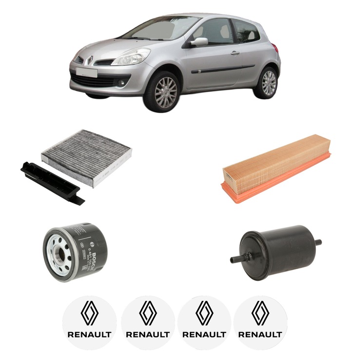 Pachet revizie filtre RENAULT CLIO III Hatchback Van (SB_, SR_) 1.2 (SR0J) din 2005-2014 CP 75 KW 55 KW CMC 1149 cm³, Contine filtru aer, ulei, combustibil, polen habitaclu carbon BOSCH, 4x Stickere cu RENAULT
