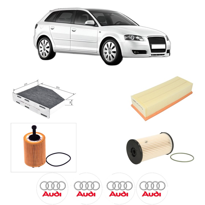 Pachet revizie filtre AUDI A3 Sportback (8PA) 2.0 TDI quattro din 2006-2008 CP 140 KW 103 KW CMC 1968 cm³, Contine filtru aer, ulei, combustibil, polen habitaclu carbon BOSCH, 4x Stickere cu AUDI