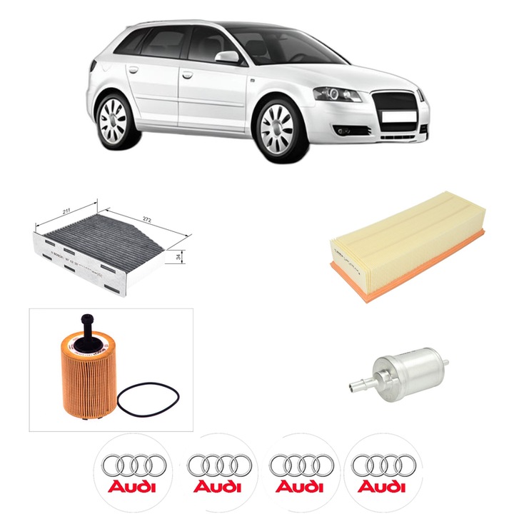 Pachet revizie filtre AUDI A3 Sportback (8PA) 2.0 TFSI quattro din 2004-2013 CP 200 KW 147 KW CMC 1984 cm³, Contine filtru aer, ulei, combustibil, polen habitaclu carbon BOSCH, 4x Stickere cu AUDI