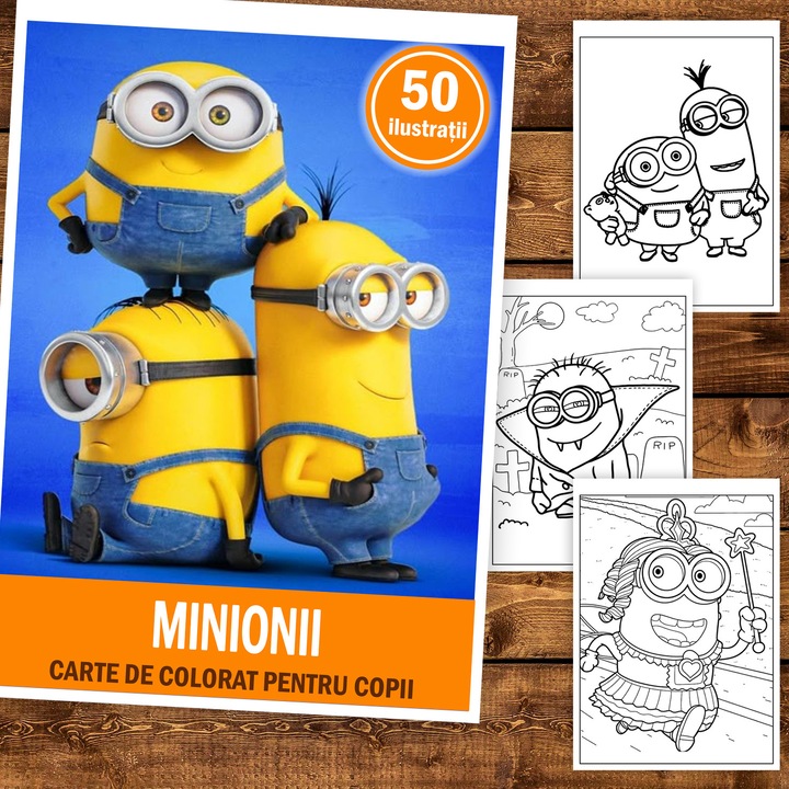 Книжка за оцветяване с 50 илюстрации на Minions, 106 страници, формат: A4, издател: Cadouri Legendare