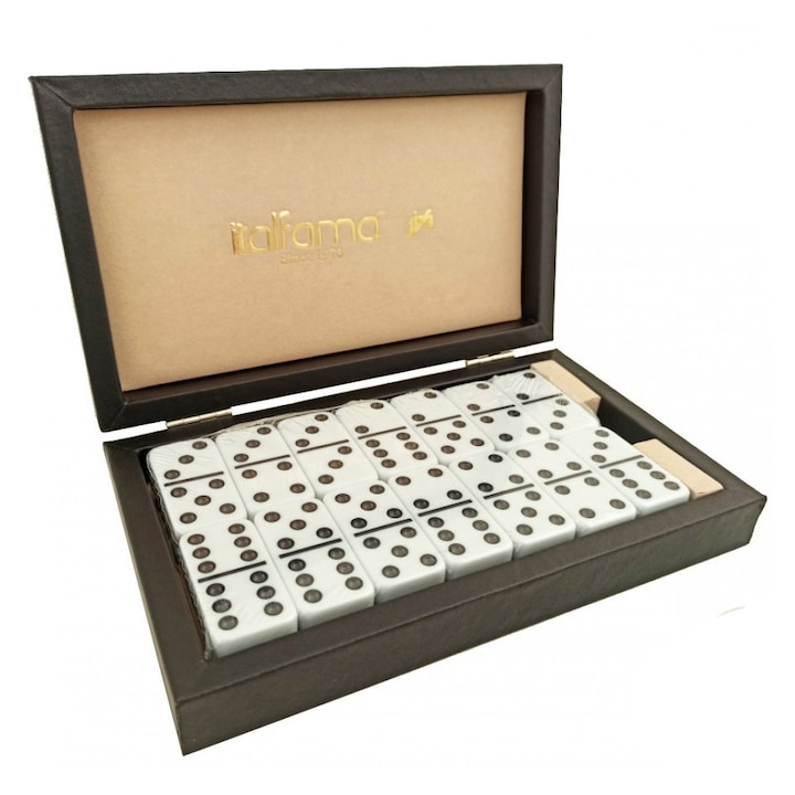 Jocuri de societate, Italfama, Joc Domino Double Six, set compact, piele ecologică, 21x12x4cm