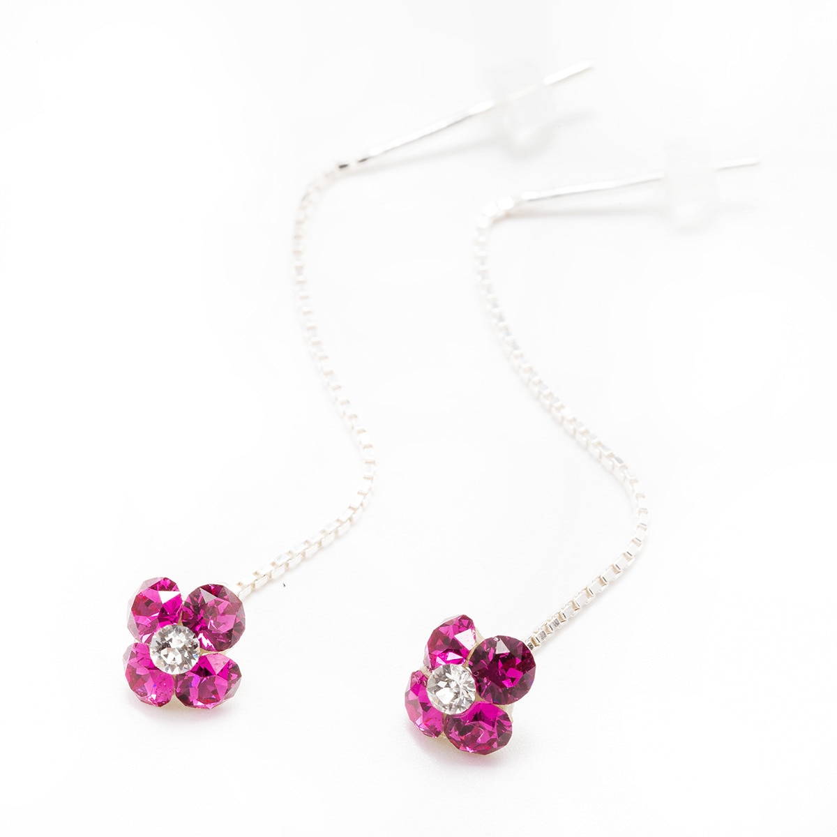 Cercei Argint DaviCrystals cu cristale trifoi cu patru foi cu lant fuchsia