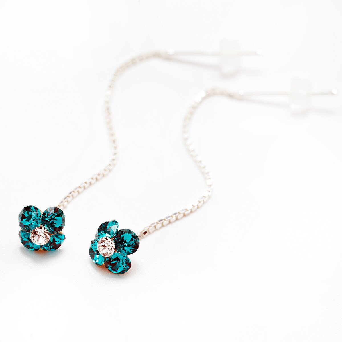 Cercei Argint DaviCrystals cu cristale trifoi cu patru foi cu lant blue zircon