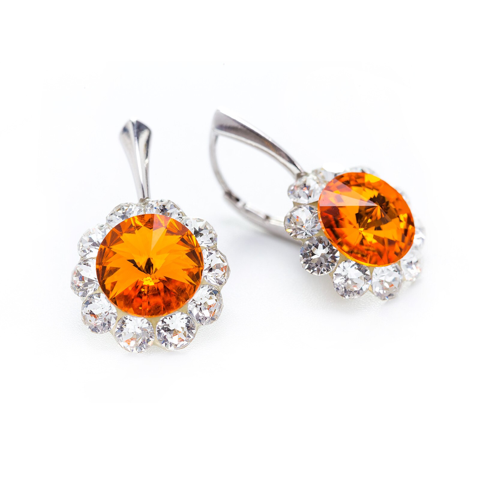 Cercei Argint DaviCrystals cu cristale floarea soarelui cu leverback mare tangerine